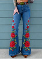 Vintage Rose Embroidered Flared Jeans