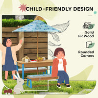 Kids Picnic Table Set With Foldable Umbrella, Removable Cushions & Boxes, Dinosaur Theme, Blue