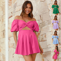 Off-shoulder Lantern-sleeve Pleated A-line Summer Dress
