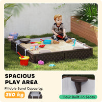 Kids Sandbox With Cover, 4 Corner Seats, Bottom Liner For Backyard, Garden, Outdoor, 47 X 47 X 9, Dark Brown