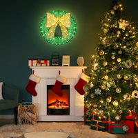 24in Pre-lit Outdoor Christmas Wreath Decoration, Lighted Metal Wreath With Golden Bow, Green And Warm White LED Lights, For Front Door Gate Wall Indoor Outdoor Holiday Party