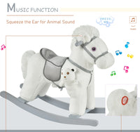 White Plush Rocking Horse With Bear Toy For Kids, Soft Sound Rocker, Ideal For Nursery Playtime