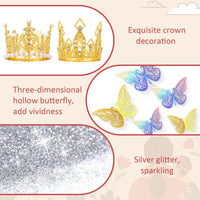 Gold Crowns For Flower Bouquets, Flower Bouquet Accessories Set 24 Butterflies 2 Crown Topper 2 Sliver Glitter Powder For Birthday Baby Shower Cake Topper Wedding Party Decorations