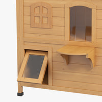 2-Story Wooden Outdoor Cat House Feral Shelter With Escape Door Asphalt Roof 4 Platforms Natural