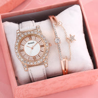 Rhinestone-embedded Roman Face Simple Fashion Quartz Watch Bracelet Gift Set