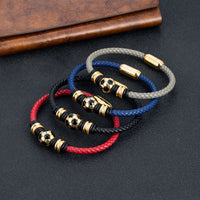 Stainless Steel Soccer Ball Woven Leather Bracelet (Mens)