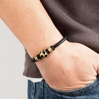 Stainless Steel Soccer Ball Woven Leather Bracelet (Mens)