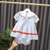 Blue Pinstripe Strawberry Lapel Embroidered Dress (Toddler/Child)