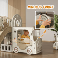 9 In 1 Toddler Slide For Kids Ages 1-6 With Bus Front, Basketball Hoop, Climber, Storage Space, Ring Toss, Cream White