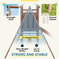 Kids Swing Set With 6 FT Slide, 2 Adjustable Swings, Fort With Canopy, Ladder, Ground Stakes For Ages 3-8, Brown