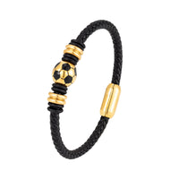 Stainless Steel Soccer Ball Woven Leather Bracelet (Mens)