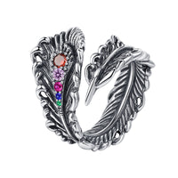 Plume de paon en argent Sterling S925, Design stéréoscopique, sensation rétro et vieillie, avec anneau en Zirconium coloré