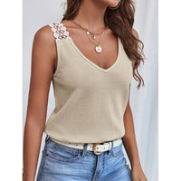 Waffle V-Neck Vest Sleeveless Lace Tank Shirt Tops
