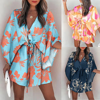 V-Neck Tie Printed Beach Dress