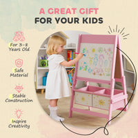 Art Easel , Double-Sided Whiteboard & Chalkboard With Paper Roll, Storage Baskets , Pink
