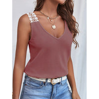 Waffle V-Neck Vest Sleeveless Lace Tank Shirt Tops
