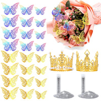 Gold Crowns For Flower Bouquets, Flower Bouquet Accessories Set 24 Butterflies 2 Crown Topper 2 Sliver Glitter Powder For Birthday Baby Shower Cake Topper Wedding Party Decorations