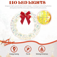 24in Pre-lit Iridescent Outdoor Christmas Wreath Decoration, Lighted Metal Wreath With Red Bow, Warm White LED Lights, For Front Door Gate Wall Indoor Outdoor Holiday Party