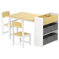 Desk And Chair Set With Paper Roll, Kids Activity Craft Table With Storage Shelves And Drawers, Natural Wood