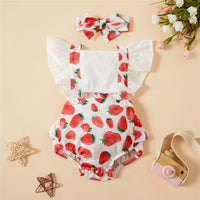 Watermelon Strawberry Printing Flounced Sleeve Sling Romper Headband Set (Baby)