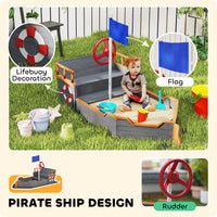 Kids Wooden Sandbox Pirate Ship Sandboat W Bench Seat Storage Space Cedar Wood, Gray