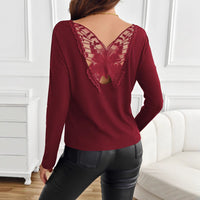 Women's Solid Color Back Stitching Pansy Rib Long-sleeved T-shirt
