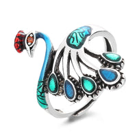 Bague paon plaquée argent bleu brûlé rétro en émail