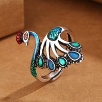 Bague paon plaquée argent bleu brûlé rétro en émail