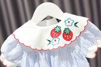 Blue Pinstripe Strawberry Lapel Embroidered Dress (Toddler/Child)