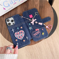 Denim Embroidery Heart Flip Cover iPhone Case