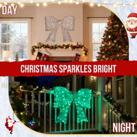 Pre-lit Outdoor Giant Bowknot Christmas Decoration, Lighted Metal Frame With 124 Green LED Lights, For Front Door Gate Wall Indoor Outdoor Holiday Party, Green