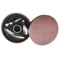 Round Leather Wood Tin Box Wine Set (4 Pc)