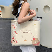 Sac en toile imprimé ours mignon pour femmes, sacs à bandoulière assortis avec tout, sacs à main quotidiens de grande capacité pour étudiantes