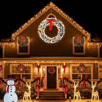 60in Pre-lit Snow Flocked Christmas Wreath, Lighted Artificial Xmas Wreath With 220 Warm White Lights And 600 PVC Tips And DIY Ornaments, For Front Door Gate Wall Xmas Party Decorations, Snowy Green