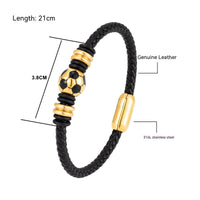 Stainless Steel Soccer Ball Woven Leather Bracelet (Mens)