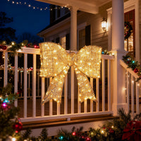 Pre-lit Outdoor Giant Bowknot Christmas Decoration, Lighted Metal Frame With 124 Warm White LED Lights, For Front Door Gate Wall Indoor Outdoor Holiday Party, Golden