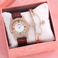 Rhinestone-embedded Roman Face Simple Fashion Quartz Watch Bracelet Gift Set
