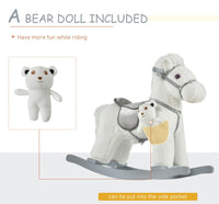 White Plush Rocking Horse With Bear Toy For Kids, Soft Sound Rocker, Ideal For Nursery Playtime