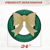 24in Pre-lit Outdoor Christmas Wreath Decoration, Lighted Metal Wreath With Golden Bow, Green And Warm White LED Lights, For Front Door Gate Wall Indoor Outdoor Holiday Party