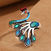 Bague paon plaquée argent bleu brûlé rétro en émail