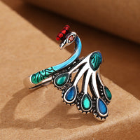 Bague paon plaquée argent bleu brûlé rétro en émail