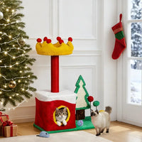 29.5in Christmas Themed Plush Cat Tree, Multi-level Cat Tower With Cat Condo, Top Crown Perch, Sisal Scratching Posts, Cat Pet Activity Center For Indoor Cats