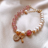 14K Gold Electroplating Shaped Strawberry Crystal Key Lock Baroque Pearl Bracelet