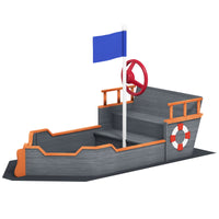 Kids Wooden Sandbox Pirate Ship Sandboat W Bench Seat Storage Space Cedar Wood, Gray