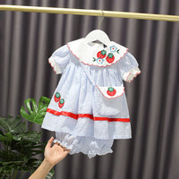 Blue Pinstripe Strawberry Lapel Embroidered Dress (Toddler/Child)