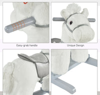 White Plush Rocking Horse With Bear Toy For Kids, Soft Sound Rocker, Ideal For Nursery Playtime