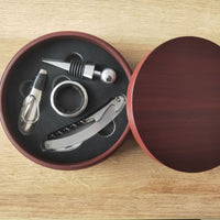Round Leather Wood Tin Box Wine Set (4 Pc)