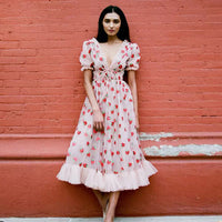 Strawberry Two Tone Sequin Mesh Tie Pleated Summer Dress