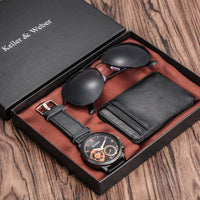 New Men's Quartz Watch Set Glasses Wallet Gift Set Box
