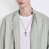 925 Sterling Silver Cross Pendant with Stainless Steel Figaro Chain Oxidized Cross Necklace
